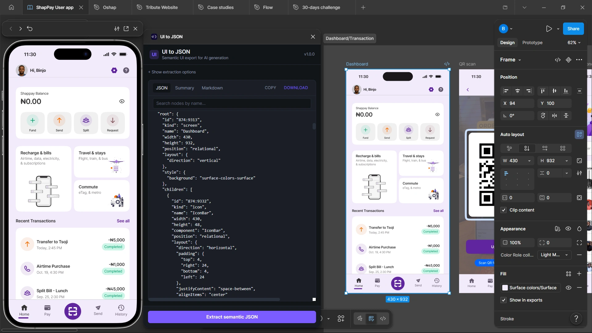 UI to JSON plugin panel in Figma, showing a Shappay frame and its extracted semantic JSON