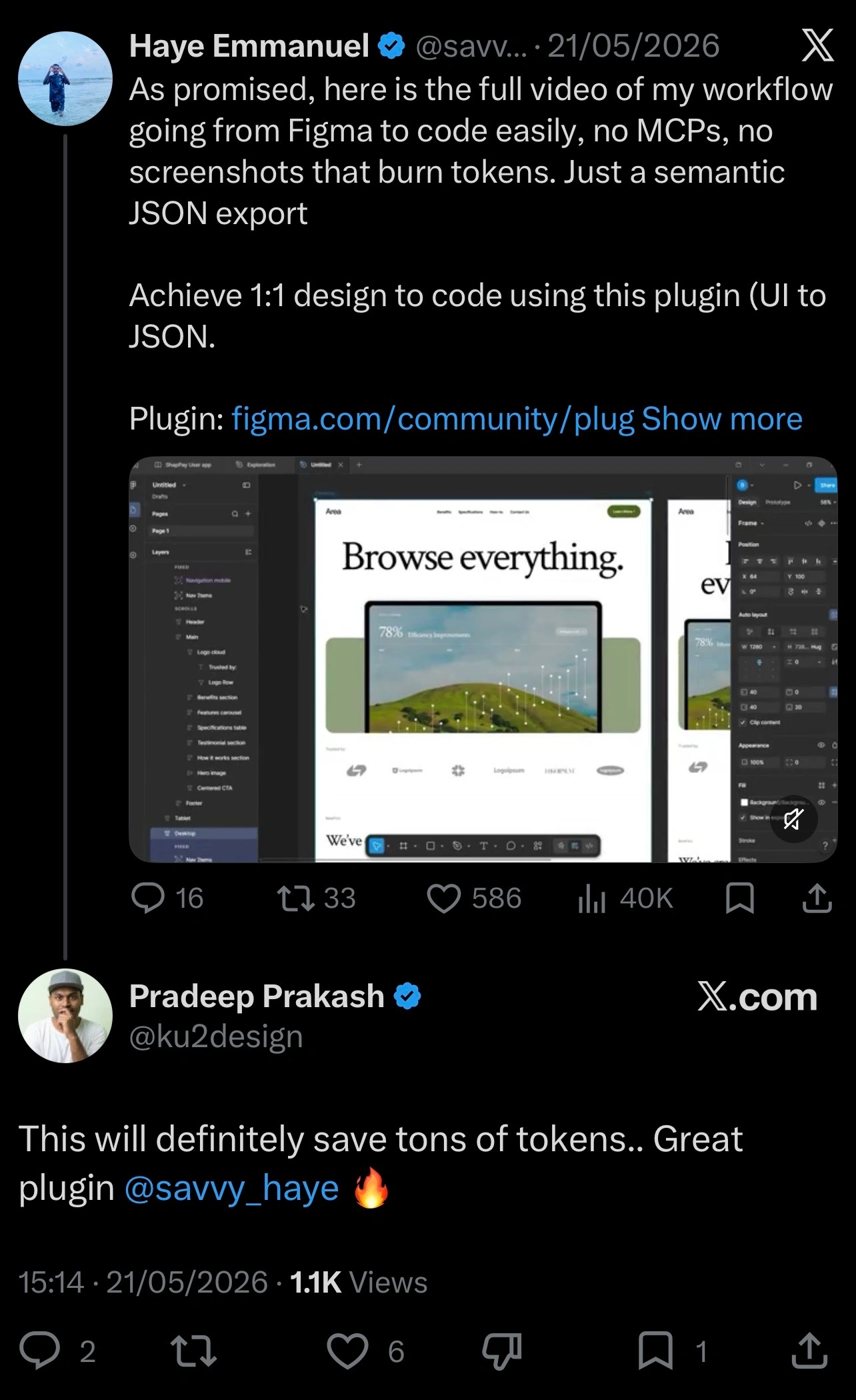 Launch post on X for UI to JSON with 40K views and 586 likes, and a reply praising the plugin